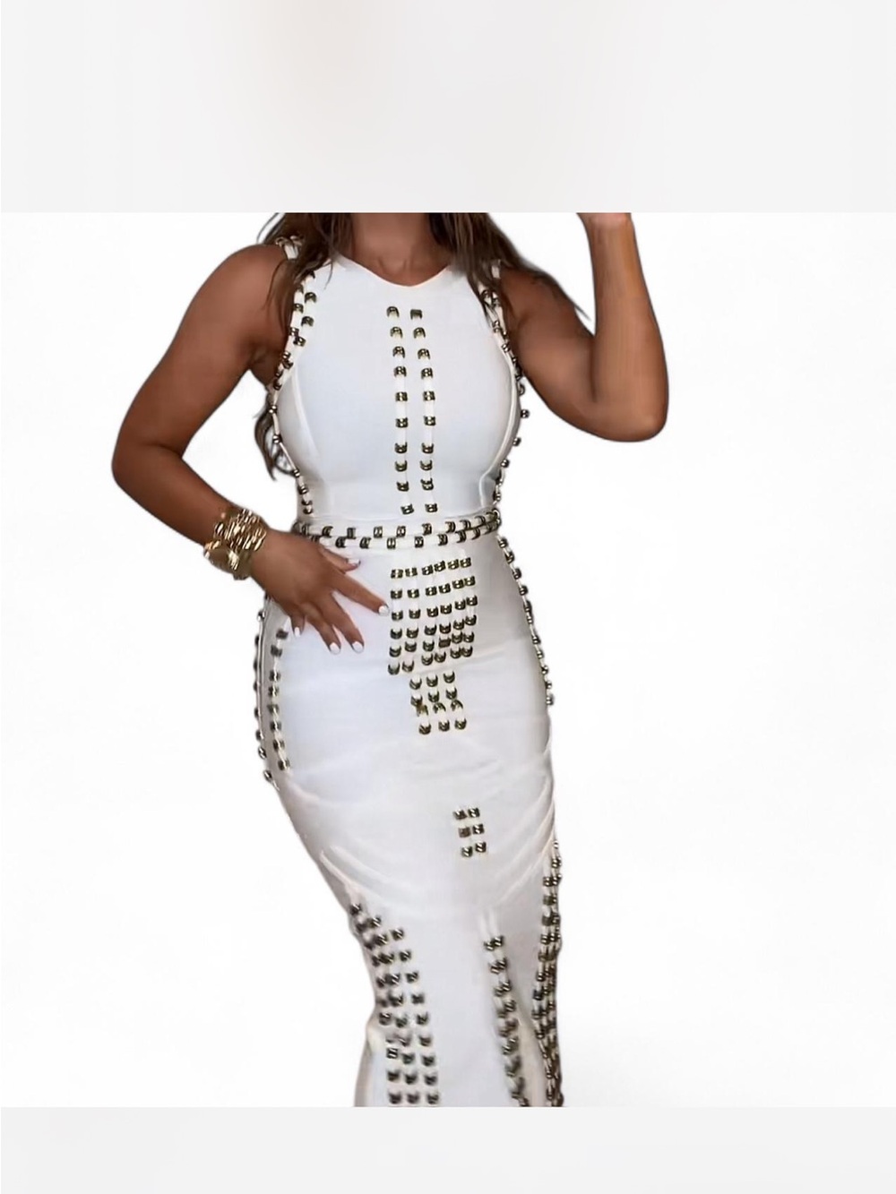 White & Gold Studded Bodycon Midi Bandage Dress - Picture 2 of 8